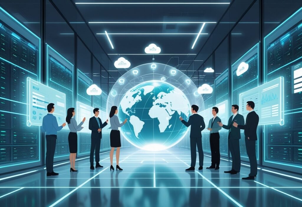 Un groupe de professionnels dans un bureau futuriste examine des écrans numériques affichant des graphiques et des serveurs, autour d