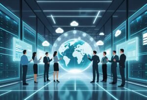 Un groupe de professionnels dans un bureau futuriste examine des écrans numériques affichant des graphiques et des serveurs, autour d