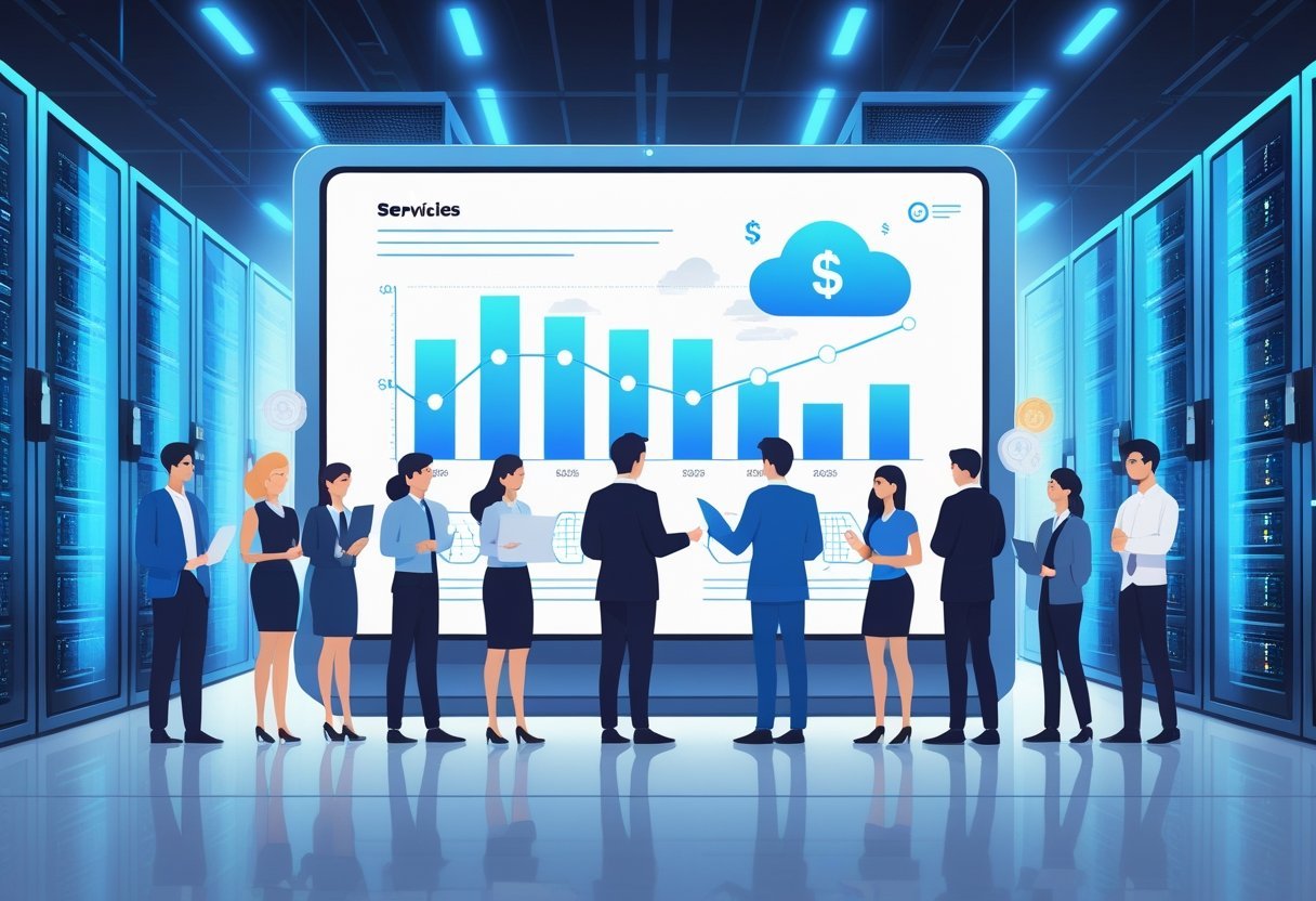 Une salle de serveurs moderne avec des personnes utilisant une interface numérique pour gérer des services d'hébergement abordables.