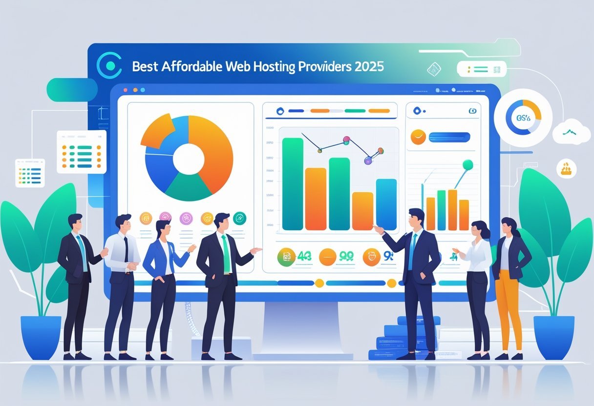 Des professionnels analysent un graphique comparant plusieurs services d'hébergement web abordables en 2025 dans un bureau moderne avec des éléments technologiques en arrière-plan.