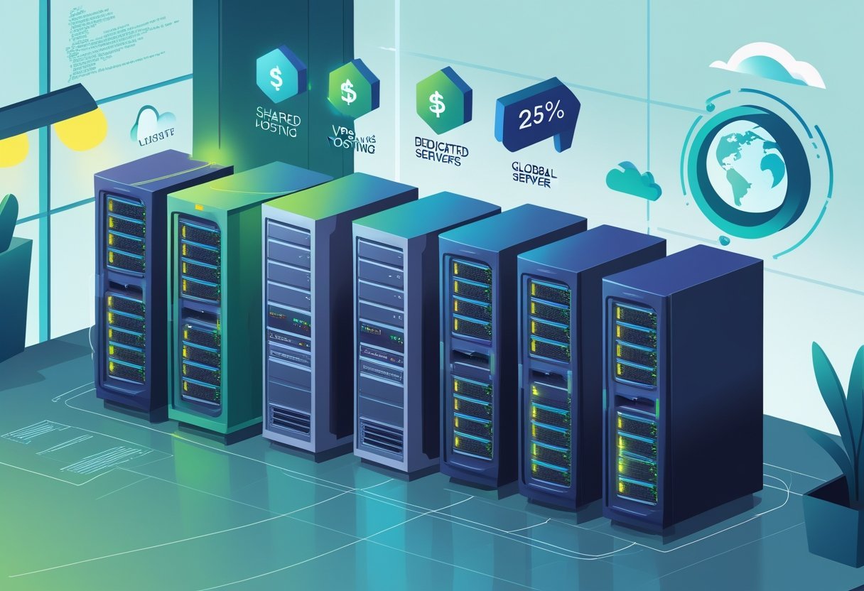 Illustration montrant plusieurs serveurs informatiques avec des icônes représentant des options d’hébergement web abordables dans un bureau moderne.