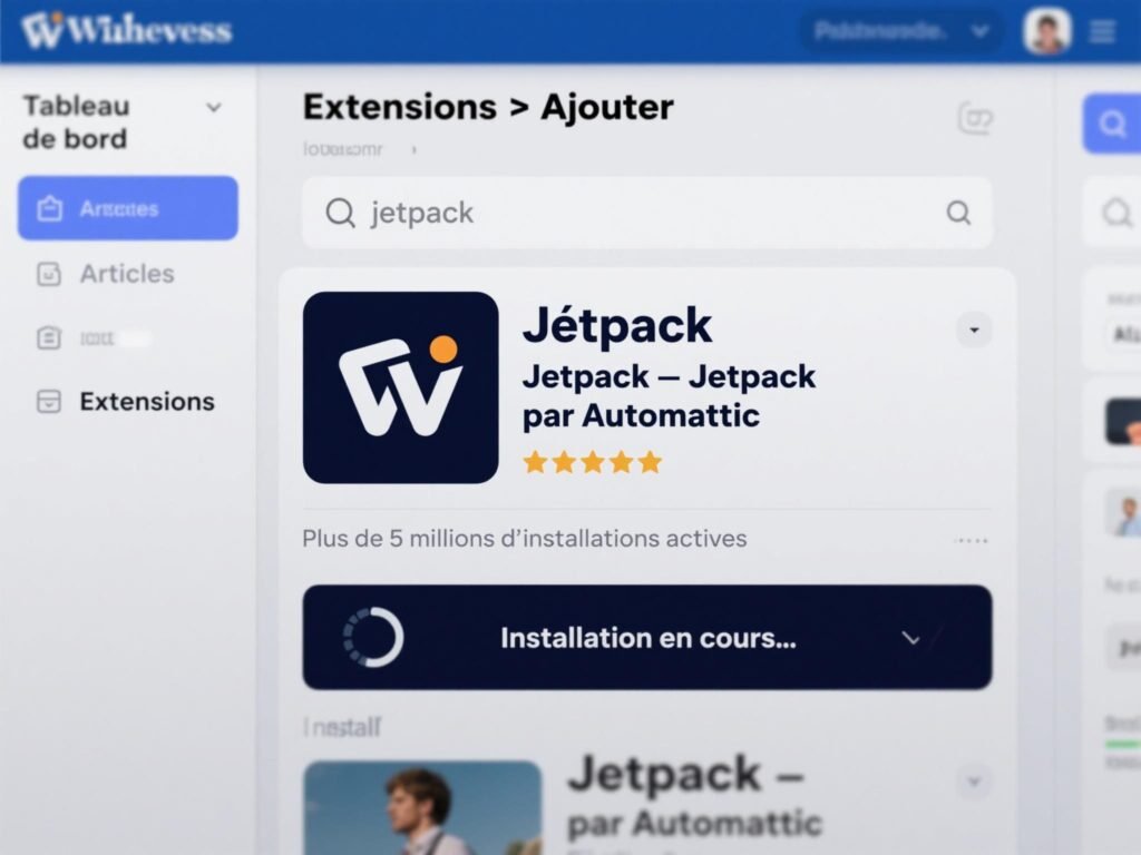 Capture d'écran de l'installation du plugin Jetpack depuis le tableau de bord WordPress.