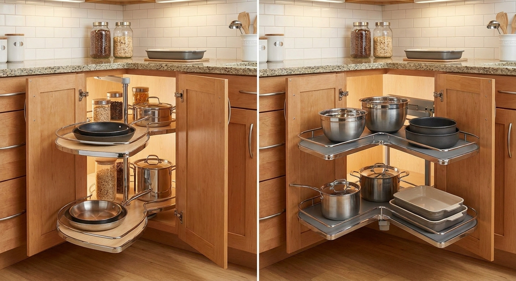 A side-by-side photo comparison of a poleless Kidney Lazy Susan and an articulating LeMans II swinging shelf extended out of a blind corner cabinet.