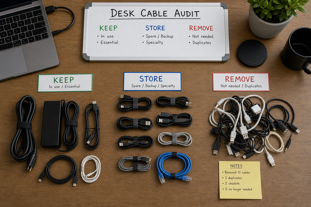 Desk cable management audit showing cables grouped into keep, store, and remove categories