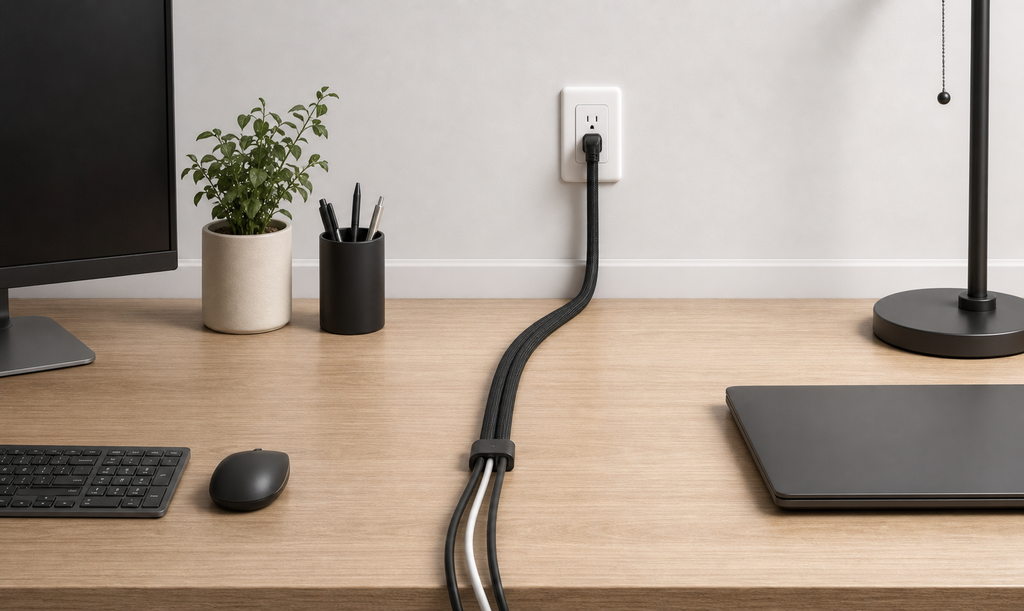 Desk cable management hiding visible computer cables along a wall-facing desk