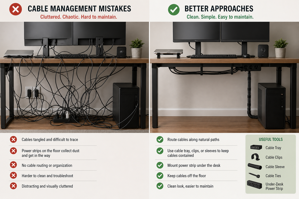 Desk cable management mistakes compared with better cable organization on a small desk