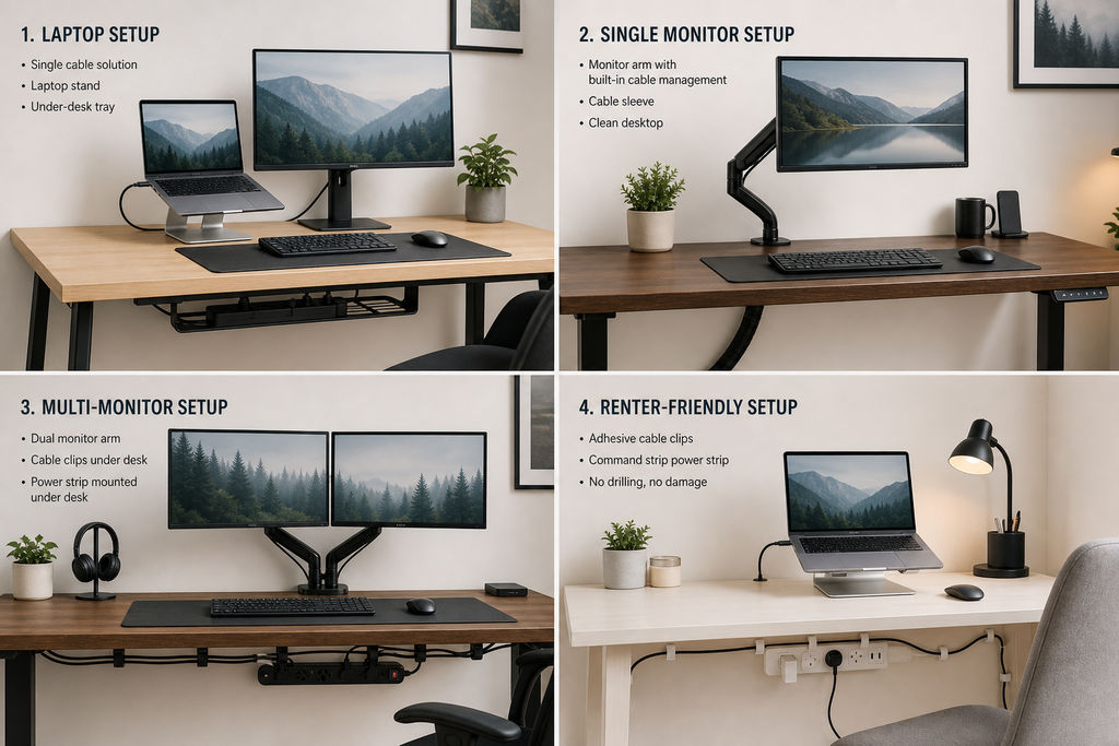 Desk cable management setups for different small desk configurations