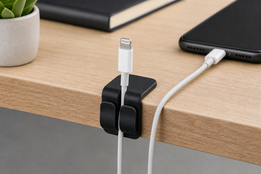 Desk cable management using a cable holder to prevent a charger from falling behind the desk]