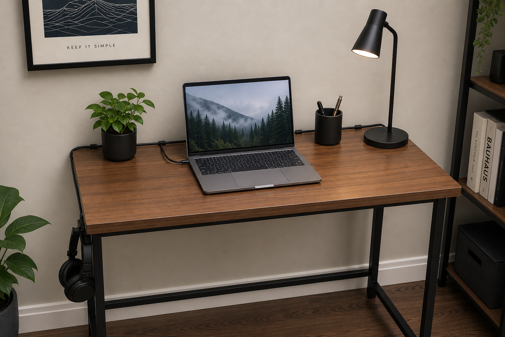 Desk cable management with computer cables routed along the back of a small desk