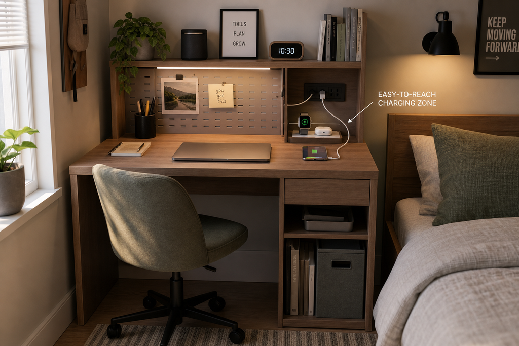 Desk cable management with phone and laptop charging cables kept within easy reach