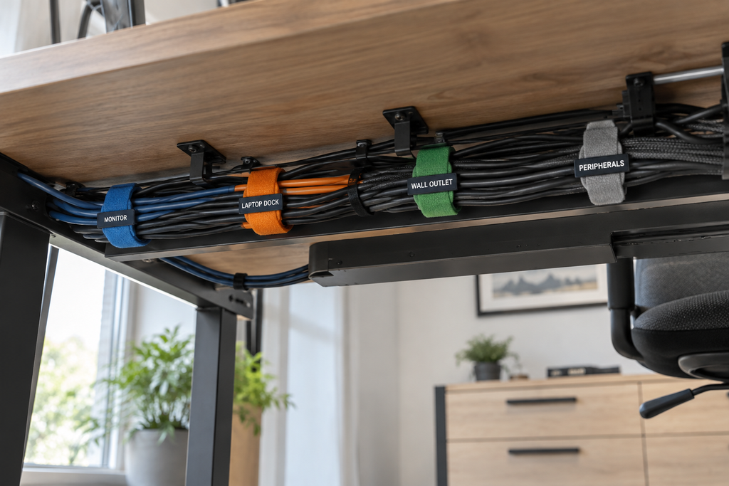 Desk cable management with separate cable bundles organized by device and destination