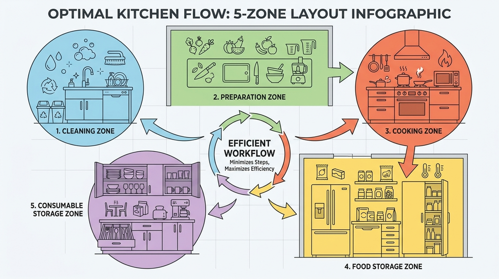 Cabinet Organization Ideas Kitchen: Layout Infographic highlighting these 5 main kitchen zones (cleaning, preparation, cooking, food storage, and consumable storage)