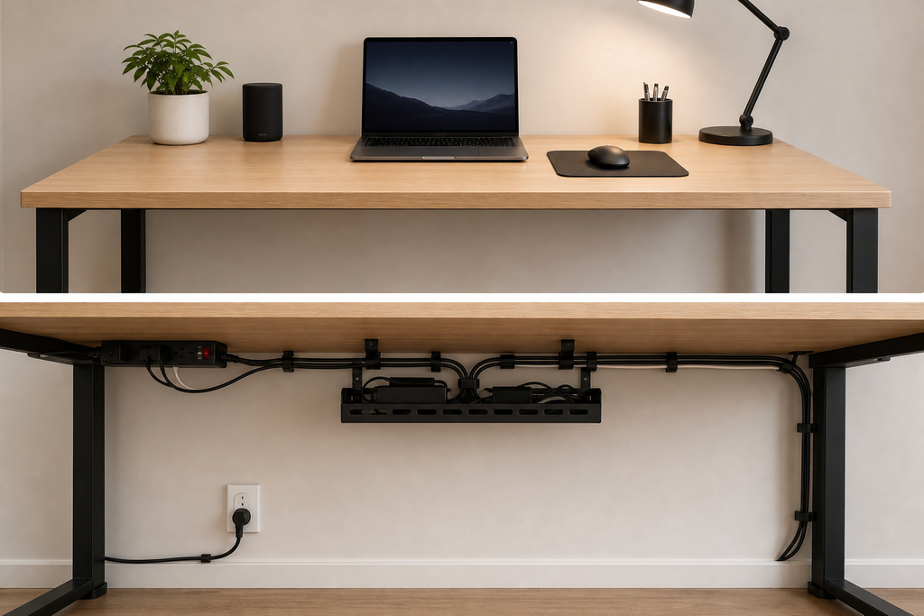 Simple desk cable management setup for a small home office]p