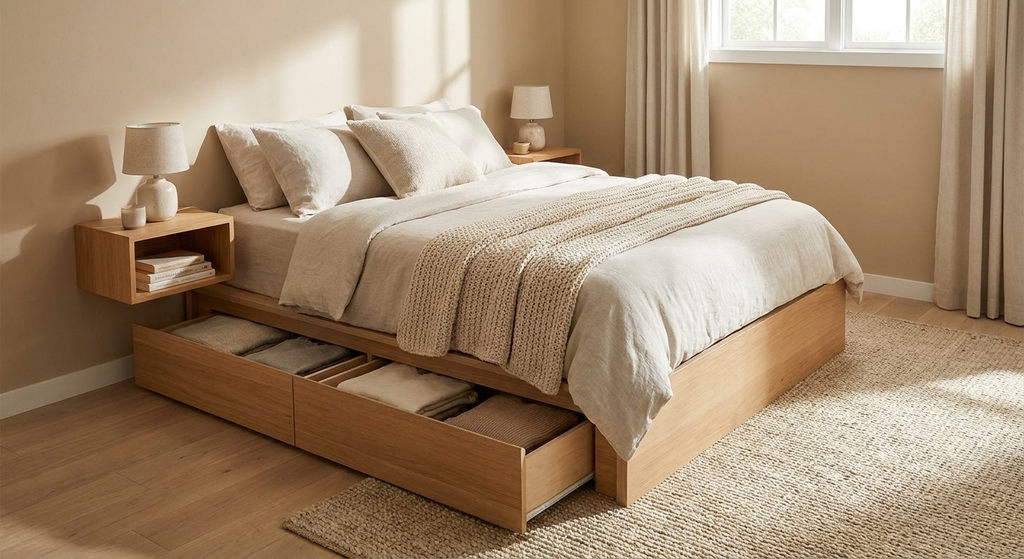 Small bedroom with platform storage bed drawers open and floating wall-mounted nightstands.