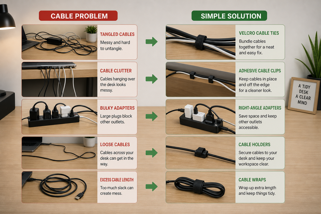 Small desk showing different cable problems matched with simple cable management solutions