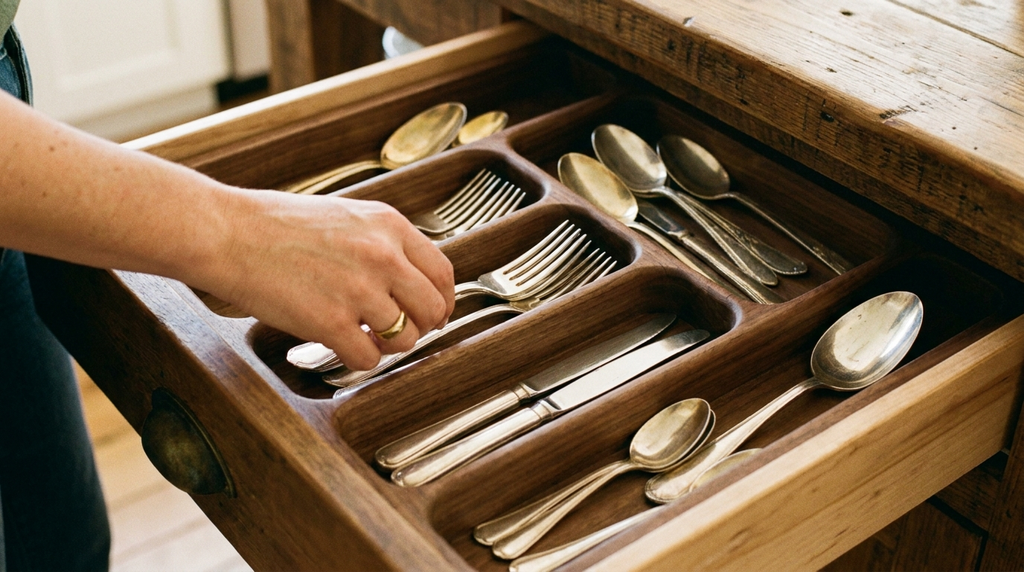 a close-up image of a cutlery drawer organizer, showing a hand neatly placing silverware into distinct, beautifully divided slots.