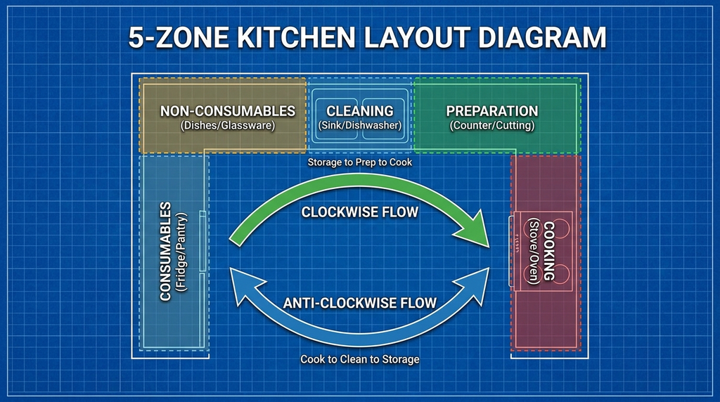 drawer: 5-Zone Kitchen Layout Diagram
