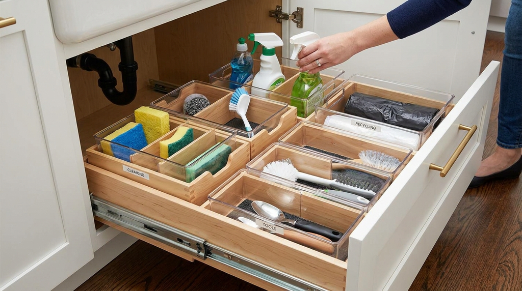 organized kitchen drawers (such as under-sink pull-out drawers) where dividers and bins remain perfectly in place despite daily, repetitive movement.