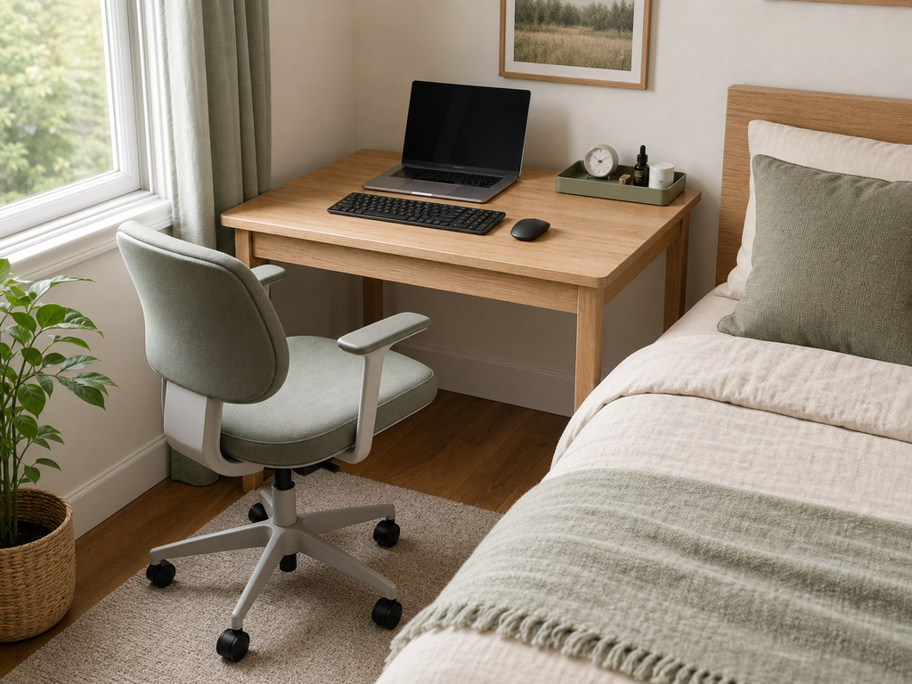 Home Office in a Small Bedroom : A bedside desk needs to work as a seated workstation first; use a removable tray to separate bedside items.