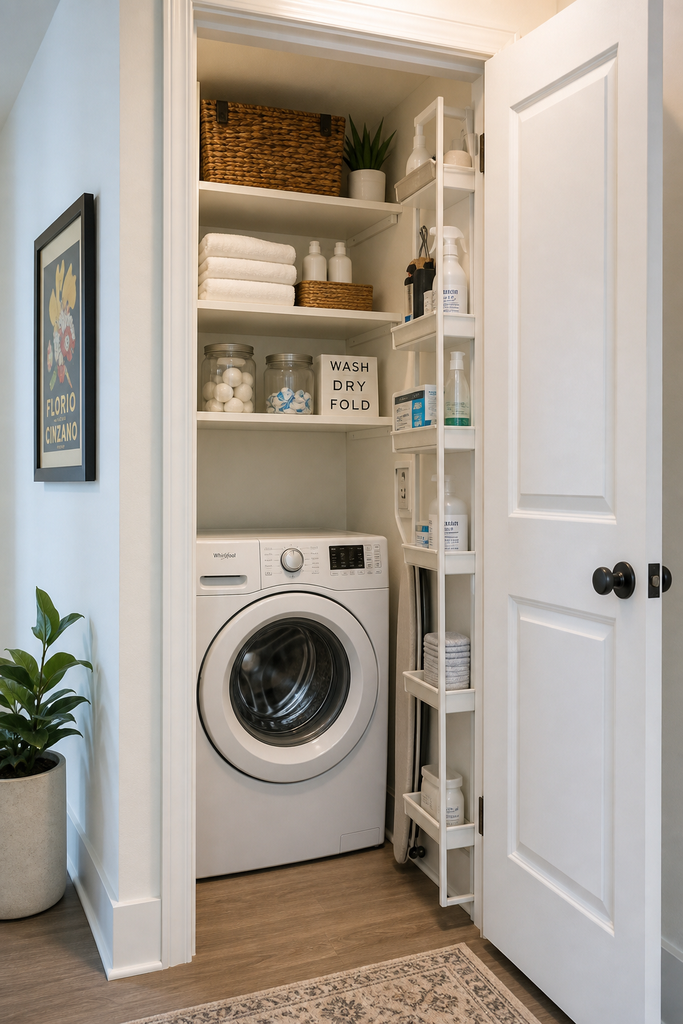 A compact laundry closet featuring stacked appliances, a freestanding wire shelving unit, and a slim rolling cart slid into the adjacent wall gap.