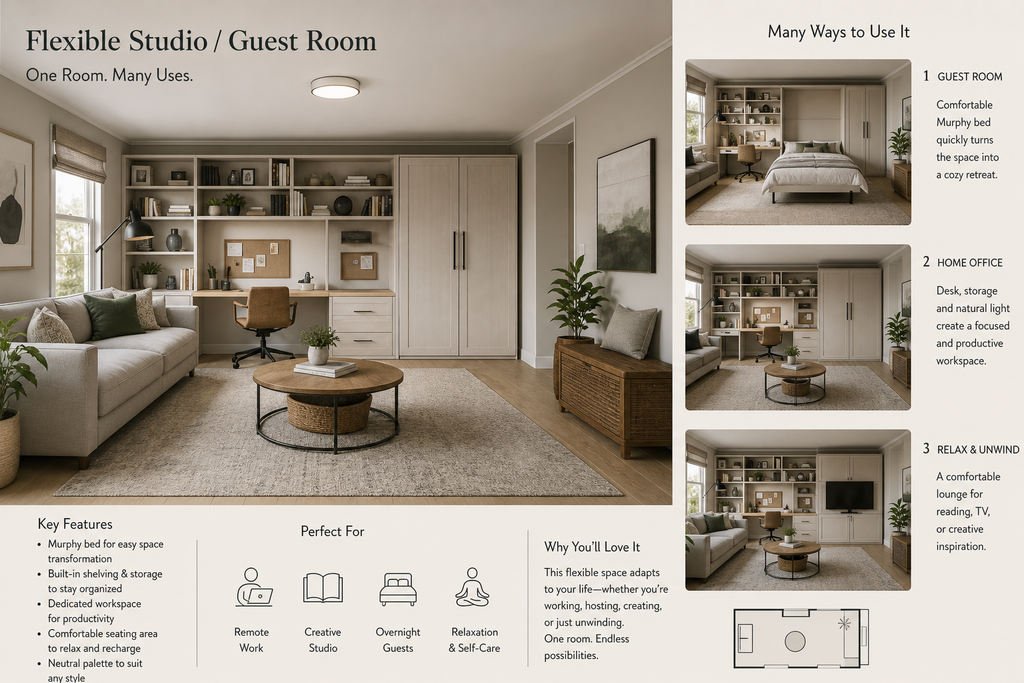 Space Saving Bedroom Furniture : A flexible multi-use studio or guest room layout