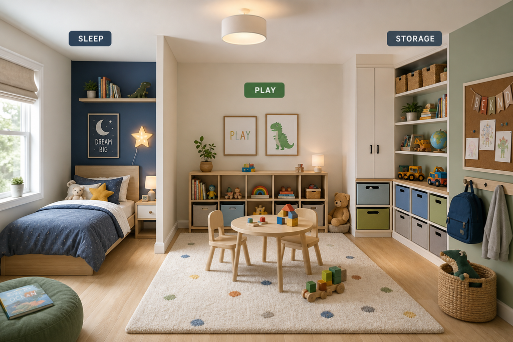 Space Saving Bedroom Furniture : A kid’s room with clear sleep, play, and storage zones