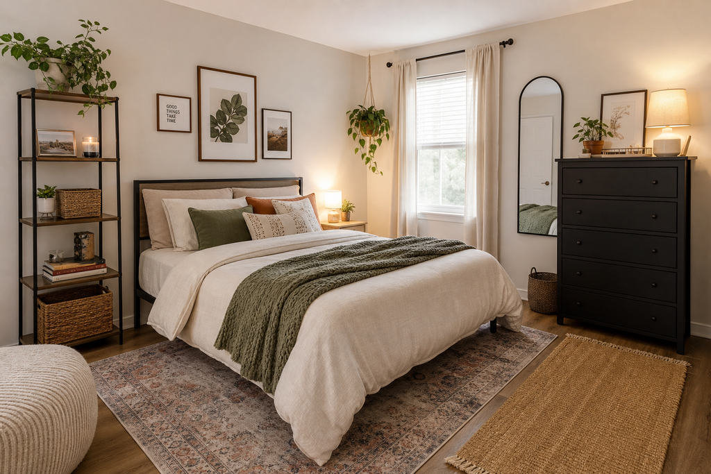Space Saving Bedroom Furniture : A renter-friendly bedroom setup with freestanding storage pieces