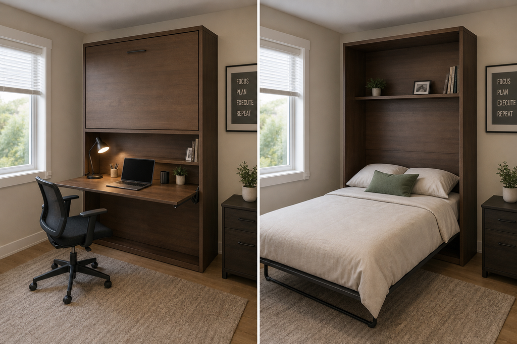 A small bedroom showing one piece of furniture used in two ways