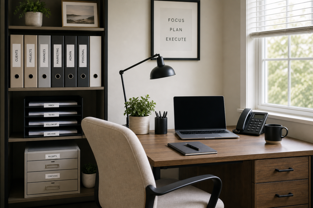 A tidy small home office workspace with neatly labeled folders, document trays, a small filing system, and a clean desk surface. Professional, realistic, organized, with soft natural light and a minimal work-from-home look.