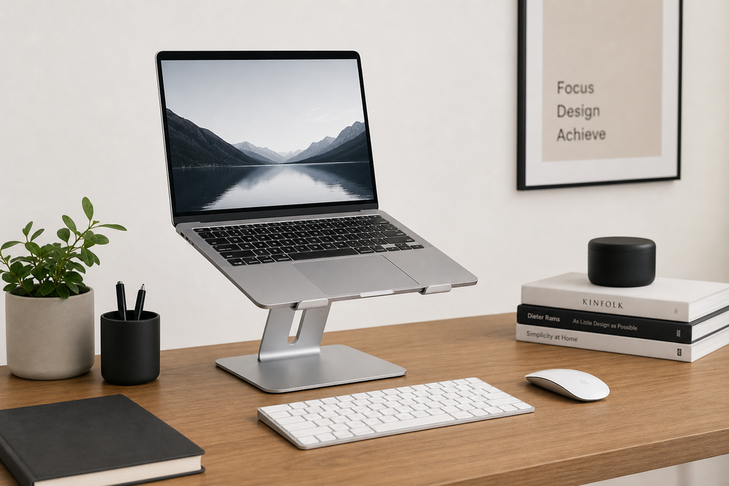 An aluminum laptop stand elevating a notebook computer to eye level on a clean wooden desk, paired with external wireless inputs.