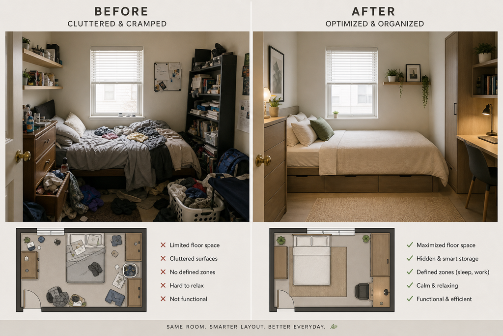 space saving bedroom furniture : Before-and-after small bedroom layout showing cluttered vs. optimized space