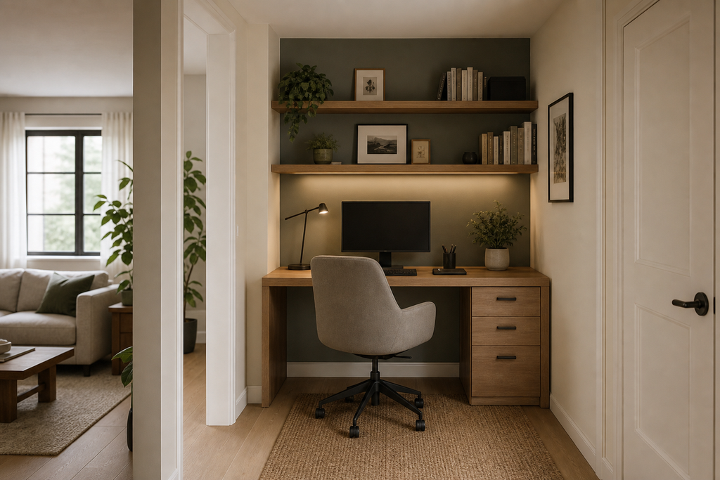 small home office ideas - Calm, compact home office that blends naturally into a small home