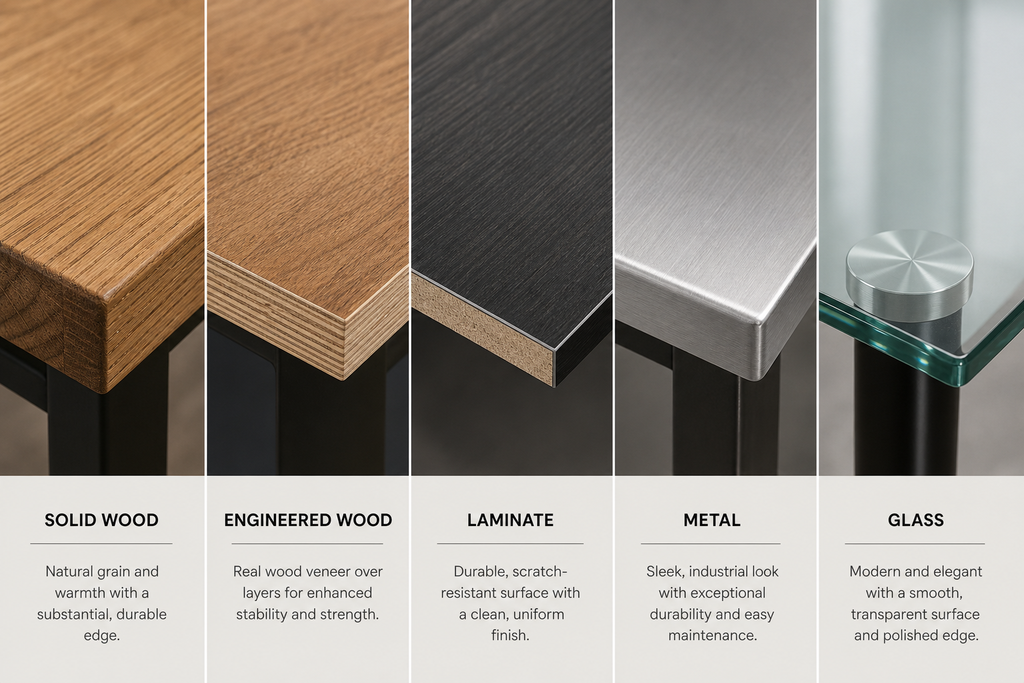 Close-up comparison of solid wood, engineered wood, laminate, metal, and glass tabletop finishes and edges - Best Kitchen Tables for Small Spaces.