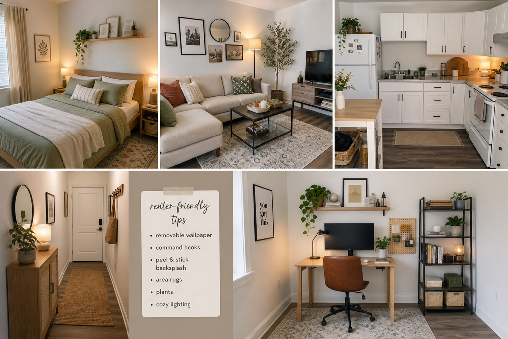 small home office idea - Collage of bedroom, living room, kitchen, hallway, and renter-friendly small home office setups