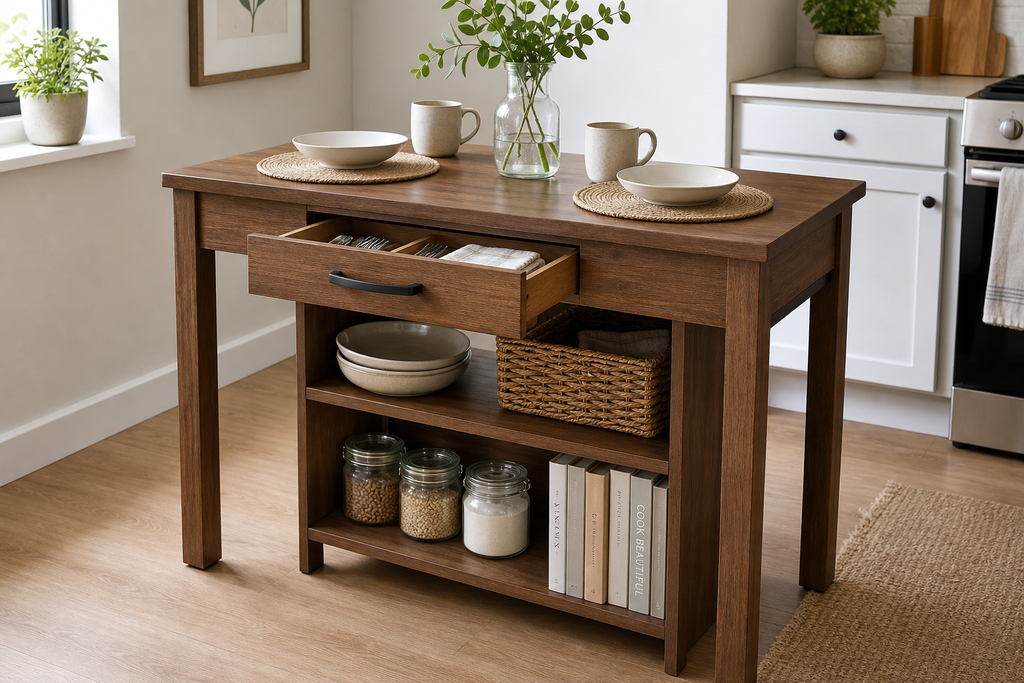 Best Kitchen Tables for Small Spaces-Compact kitchen table with practical drawer and shelf storage