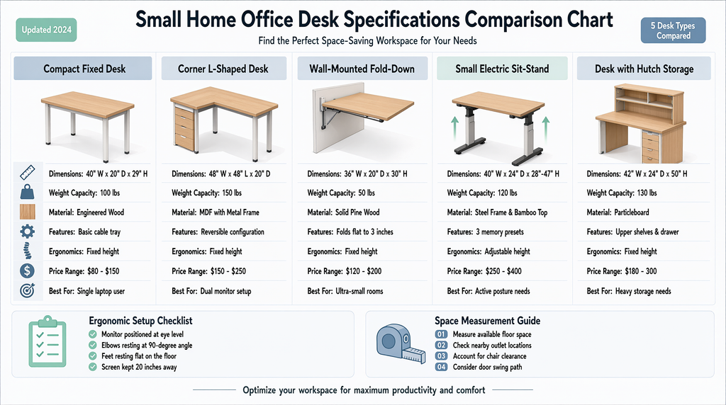 small home office ideas - Comparison chart showing key small home office desk specifications
