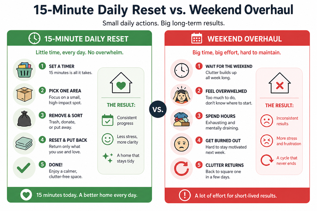 Declutter : Comparison diagram showing a 15-minute daily decluttering reset routine vs a weekend overhaul