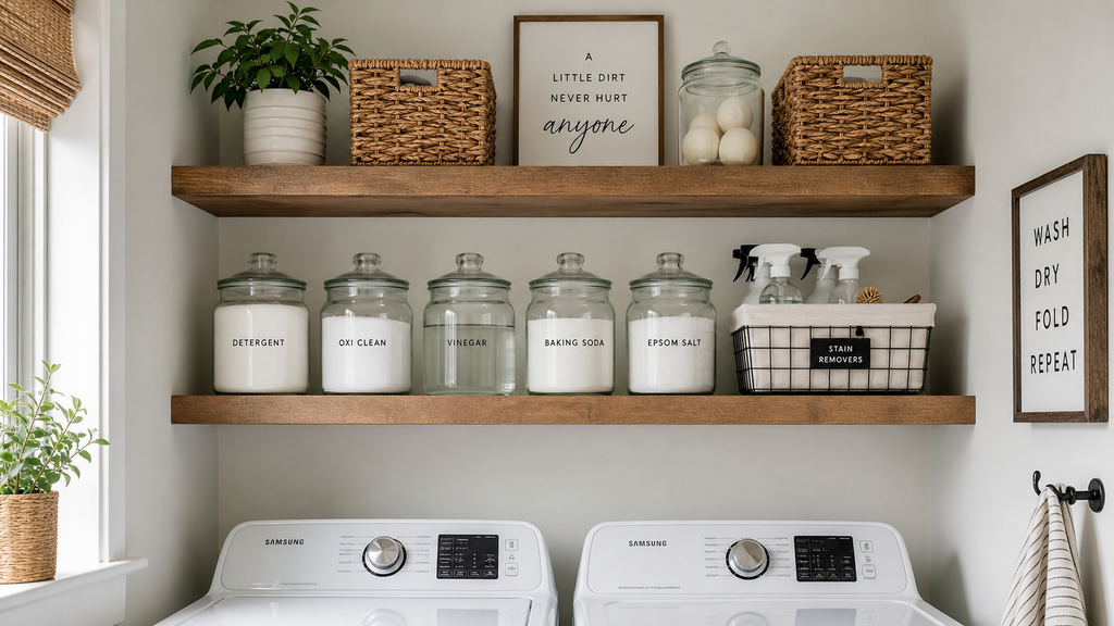 DIY Floating Shelves-Clean modern DIY wooden floating shelves installed above a laundry washing machine holding detergent jars
