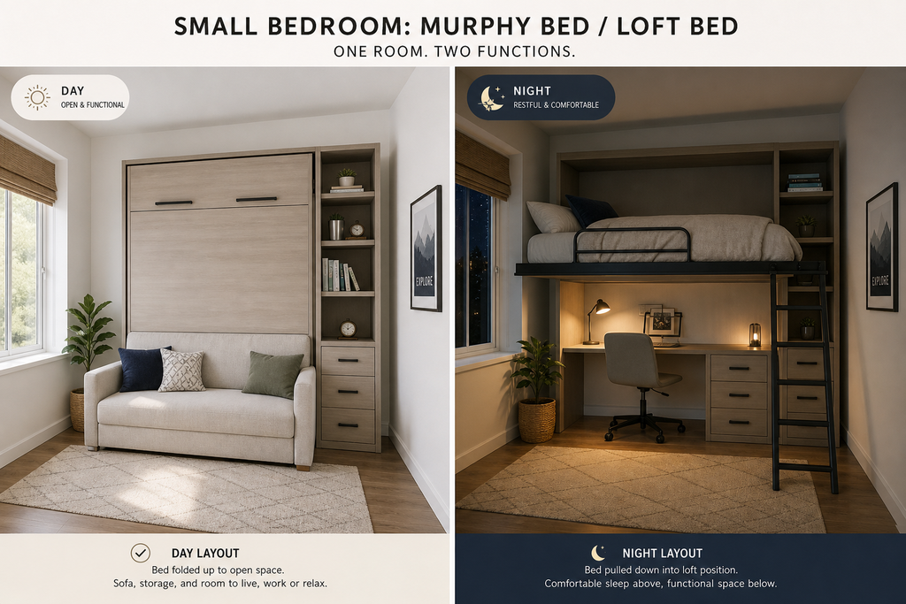 space saving bedroom furniture : Day and night layout showing a Murphy bed or loft bed in a small bedroom