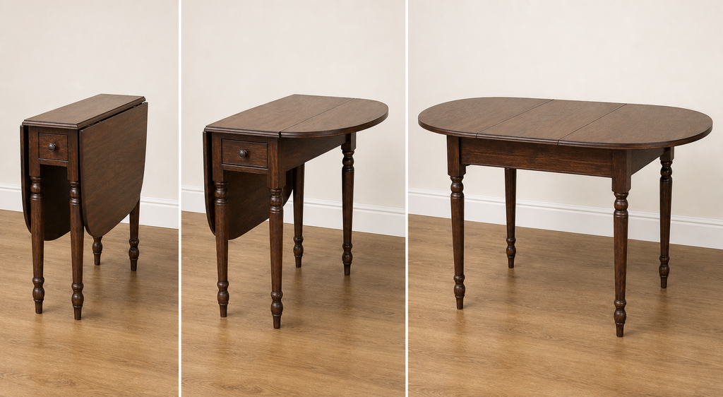 Drop-leaf table shown folded, with one leaf open, and fully extended Best Kitchen Tables for Small Spaces