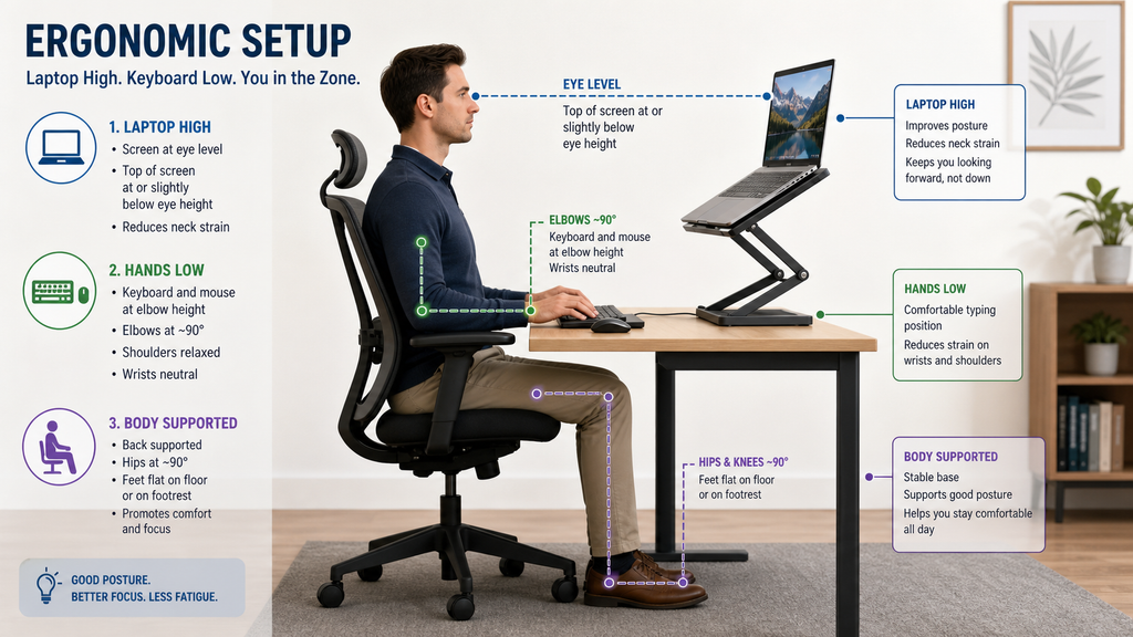 Laptop stand :  Ergonomic diagram showing a laptop elevated to eye level on a stand, paired with an external keyboard and mouse at resting elbow height.