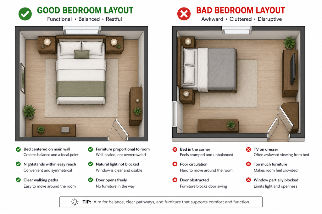 Space Saving Bedroom Furniture : Floor plan showing good vs. bad bedroom furniture placement
