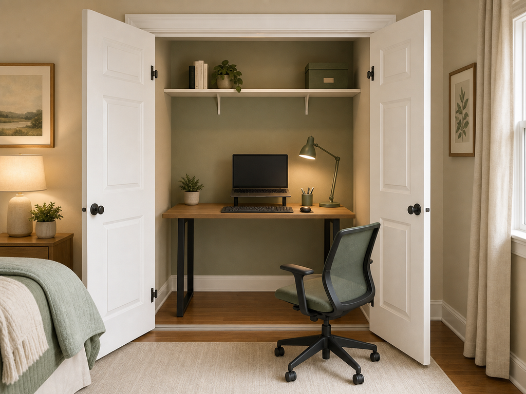 Home Office in a Small Bedroom : Check the clear opening, seated legroom, and where the chair will go when you close the doors.