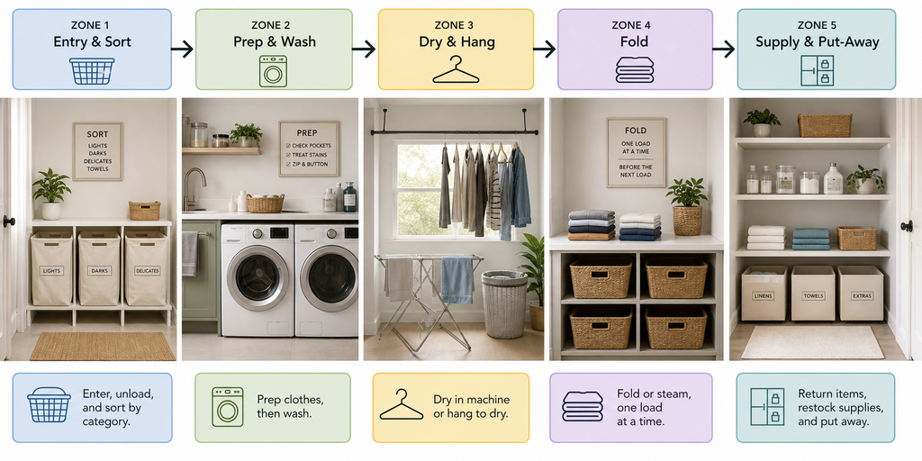 How to Organize a Laundry Room_Diagram of the 5-zone laundry room workflow: sorting, prep, drying, folding, storage