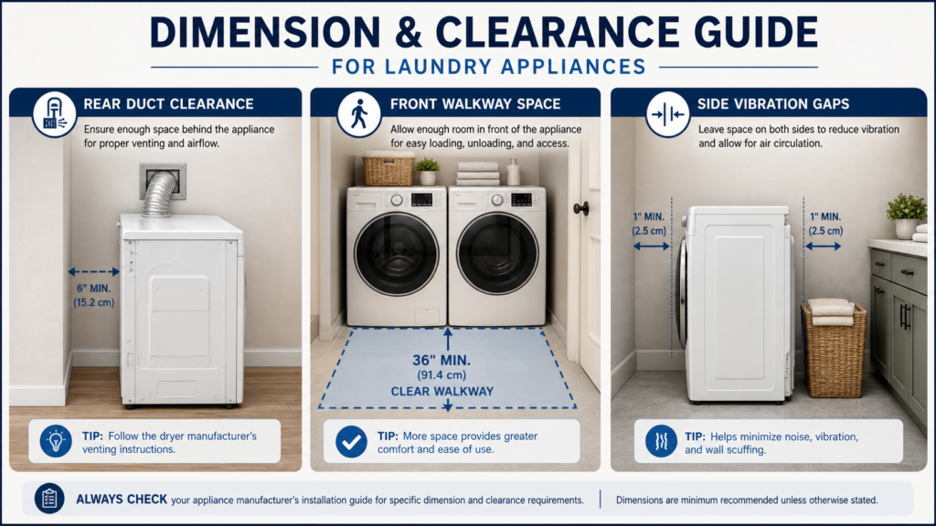 Diagram showing rear duct clearance, front walkway space, and side vibration gaps for washer and dryer