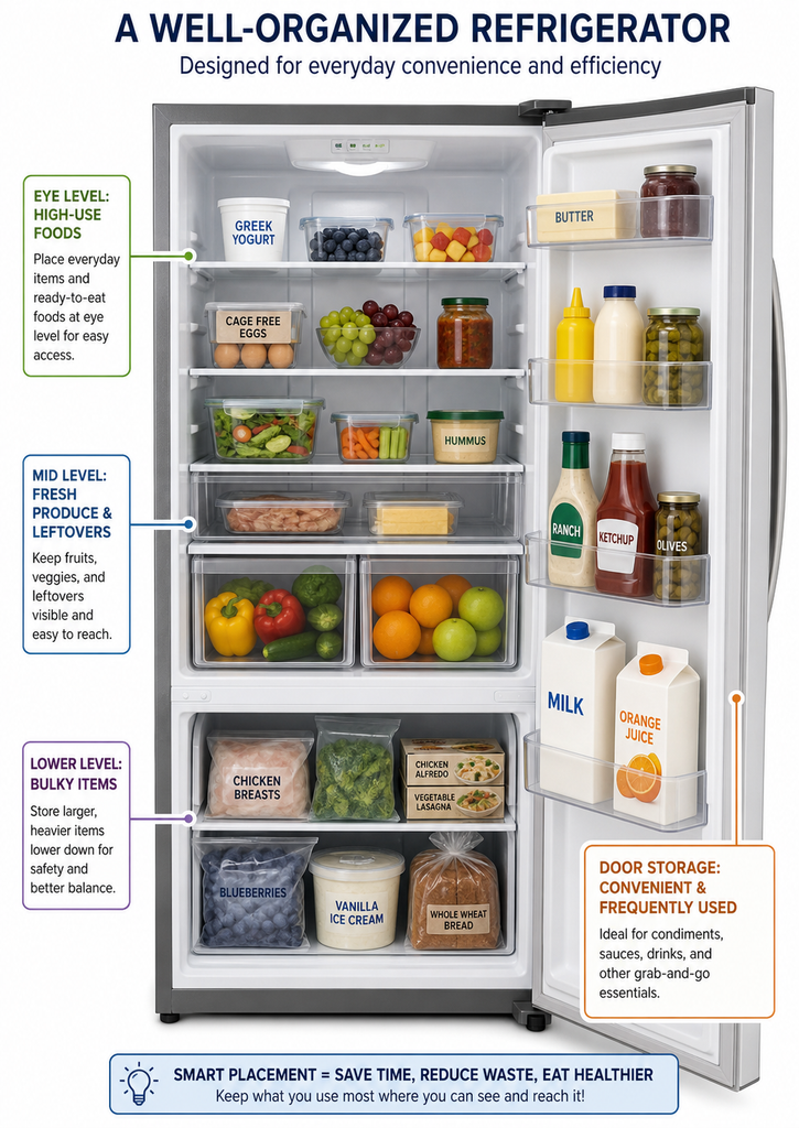 How to organize a refrigerator by assigning each shelf and door area a practical storage zone