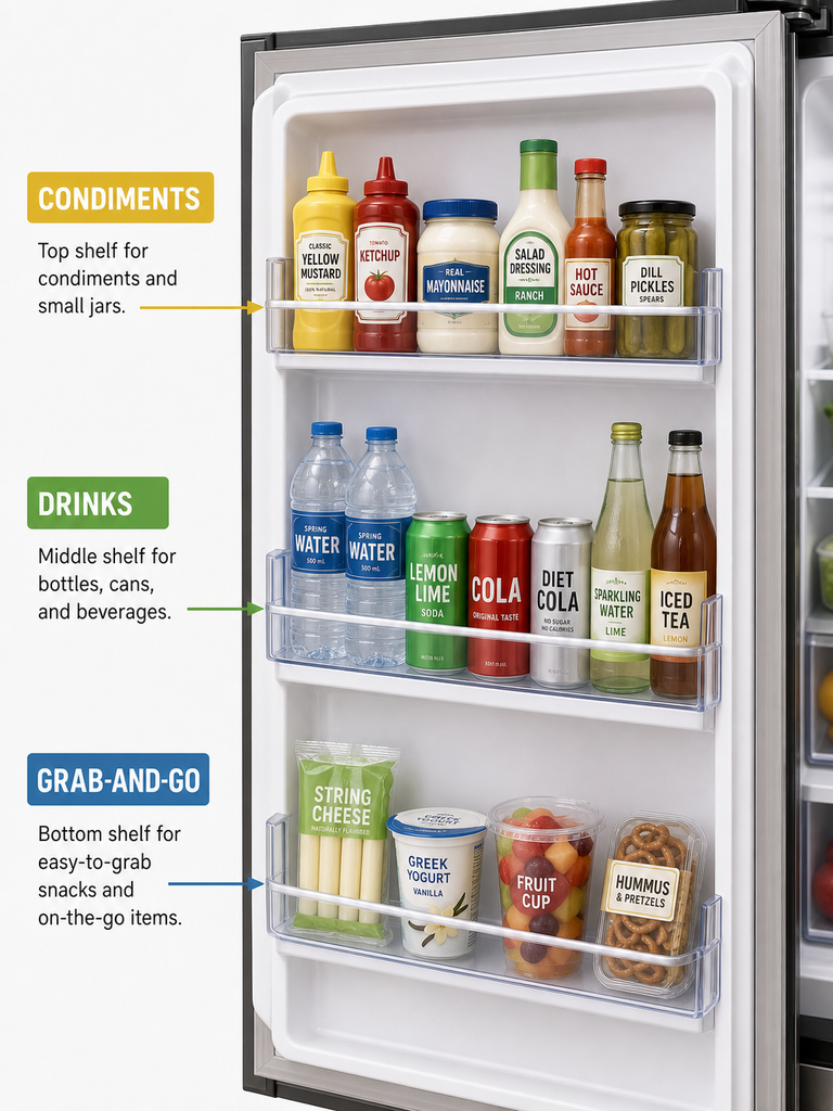 How to organize a refrigerator door with simple zones for condiments and drinks