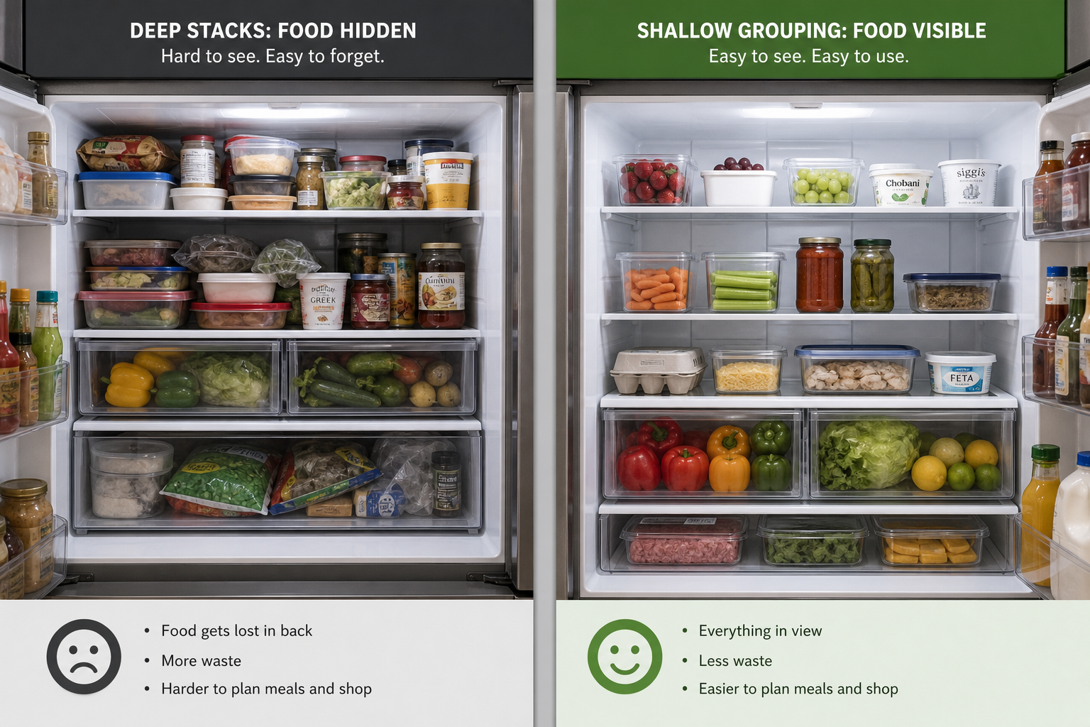 How to organize a refrigerator for better visibility using shallow containers and simple food groups