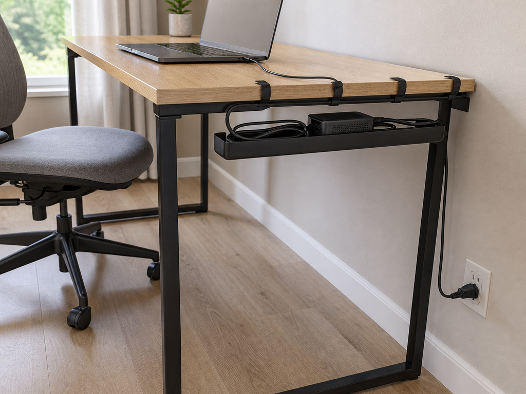 Home Office in a Small Bedroom : Keep cables behind the working area while preserving legroom and access to plugs.