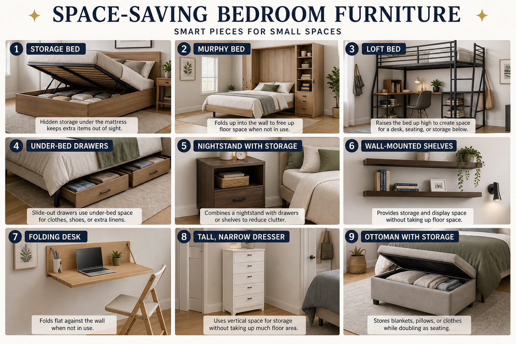 Labeled collage of common space-saving bedroom furniture pieces